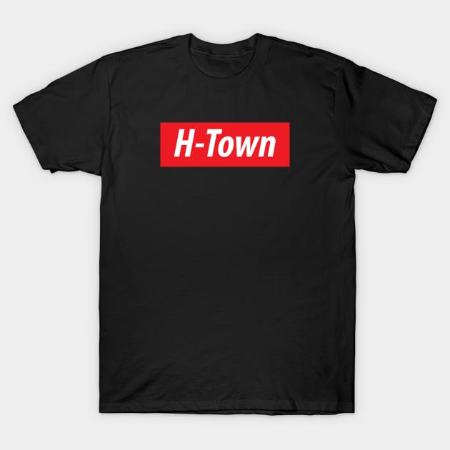 'H-Town' Houston, USA white text on red background T-Shirt by keeplooping